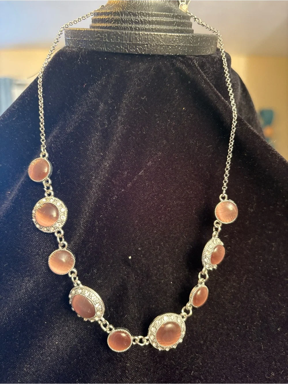 Elegant Brownish pink Stone and Silver Chain Necklace
